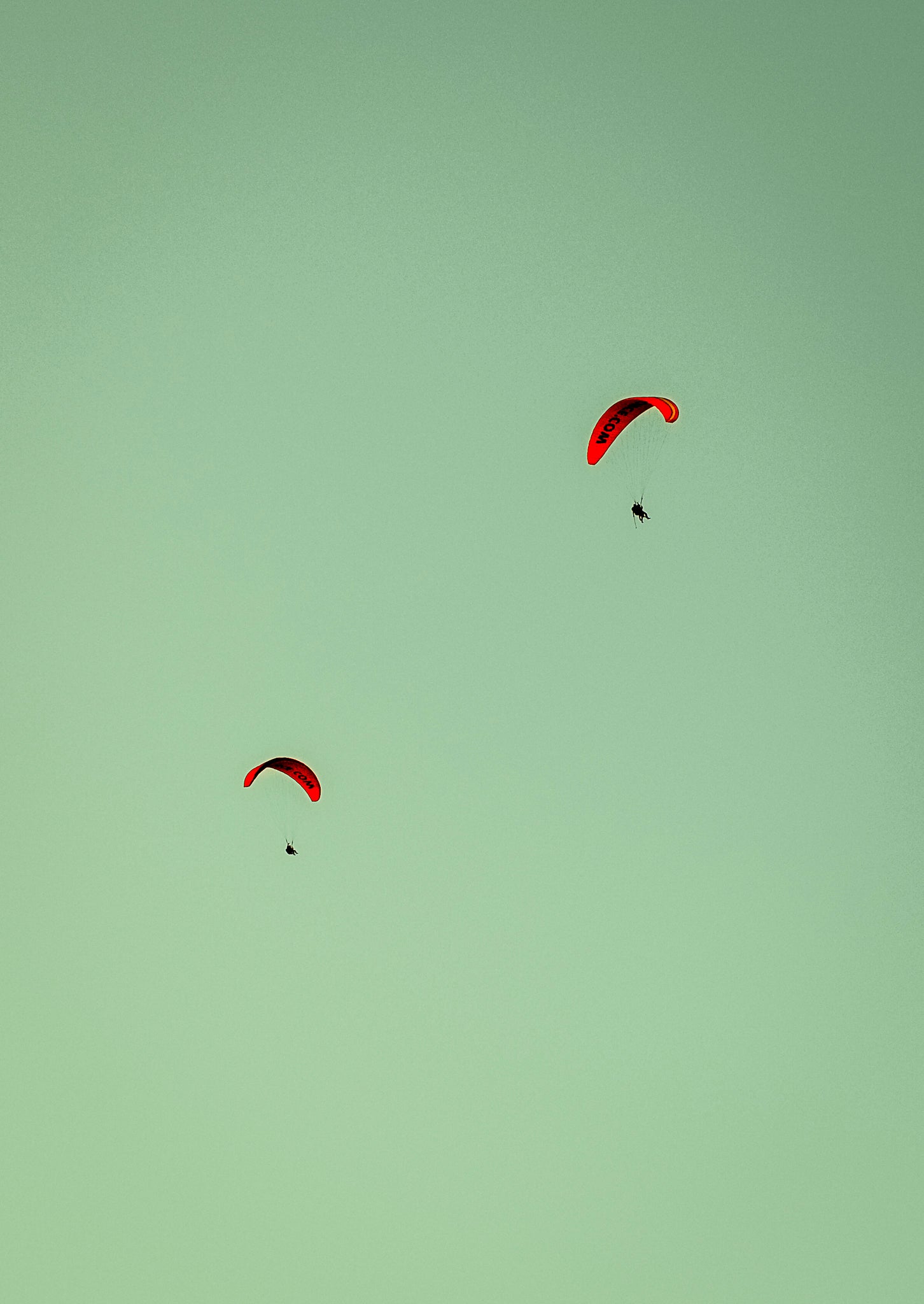 Two red paragliders flying against a light clear sky.
