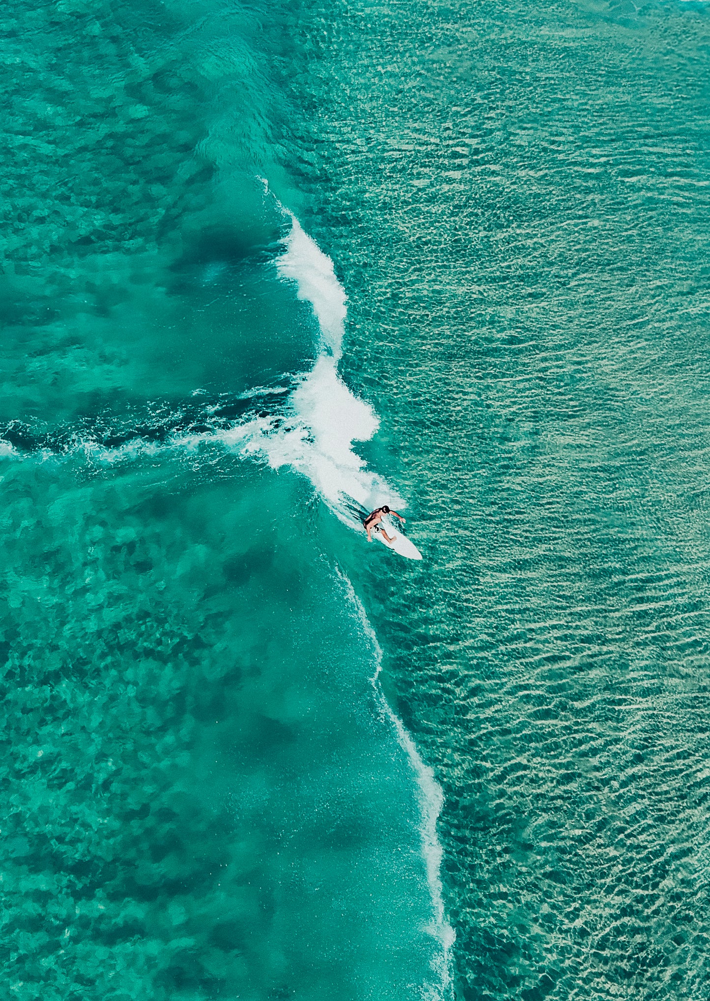 Surfer riding a wave in clear blue water from an aerial perspective